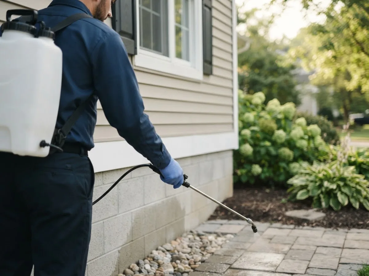 Pest control technician inspecting a home in Sobieski, WI